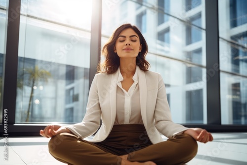 Businesswoman practicing yoga in a serene office setting during a break