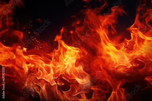 A close up view of a fire on a black background. This image can be used to depict warmth  energy  or danger