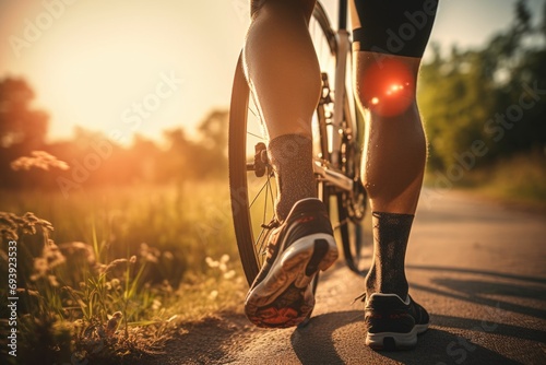 A person riding a bike down a road. Suitable for outdoor sports or active lifestyle-related projects