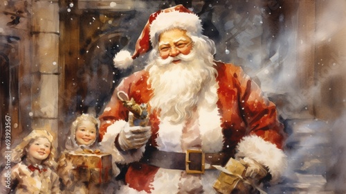 A painting depicting Santa Claus with two children. This image can be used to portray the joy and excitement of the holiday season
