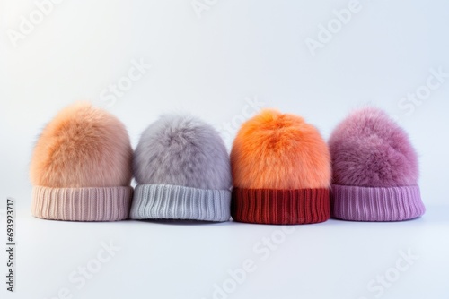 Four different colored hats lined up on a white surface. Suitable for fashion, accessories, or event themes