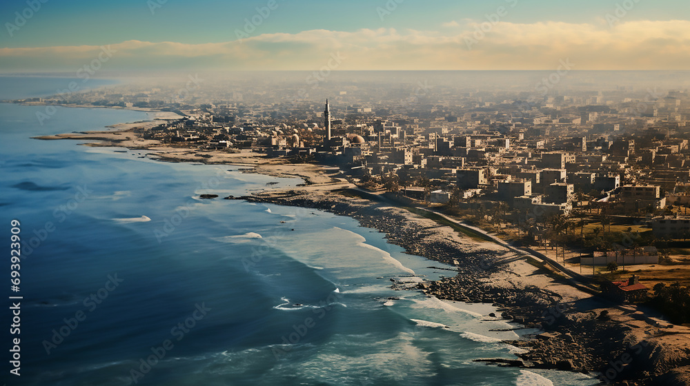 An aerial view of the gaza city of surrounded by the sea and seen from the air