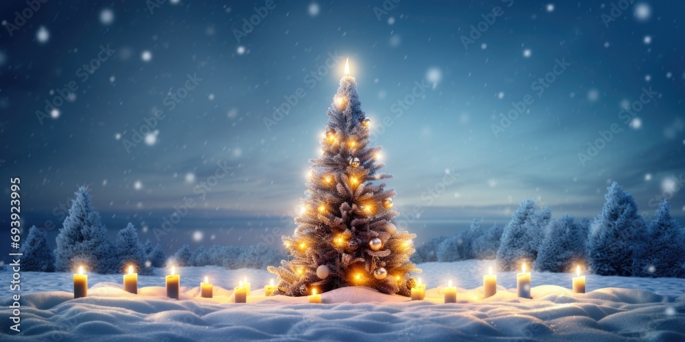 A Christmas tree adorned with lit candles stands in the snowy landscape. Perfect for holiday decorations and festive celebrations