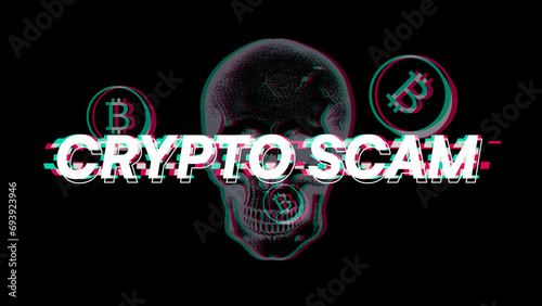 Glitched Typography Art of Crypto Scam with Coins and Skull, Black Background