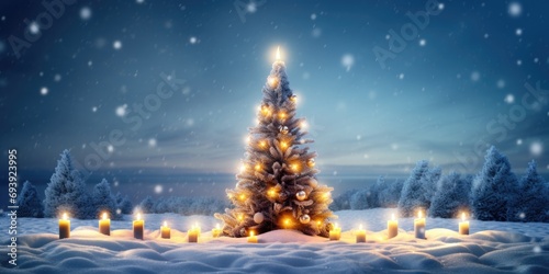 A Christmas tree adorned with lit candles stands in the snowy landscape. Perfect for holiday decorations and festive celebrations