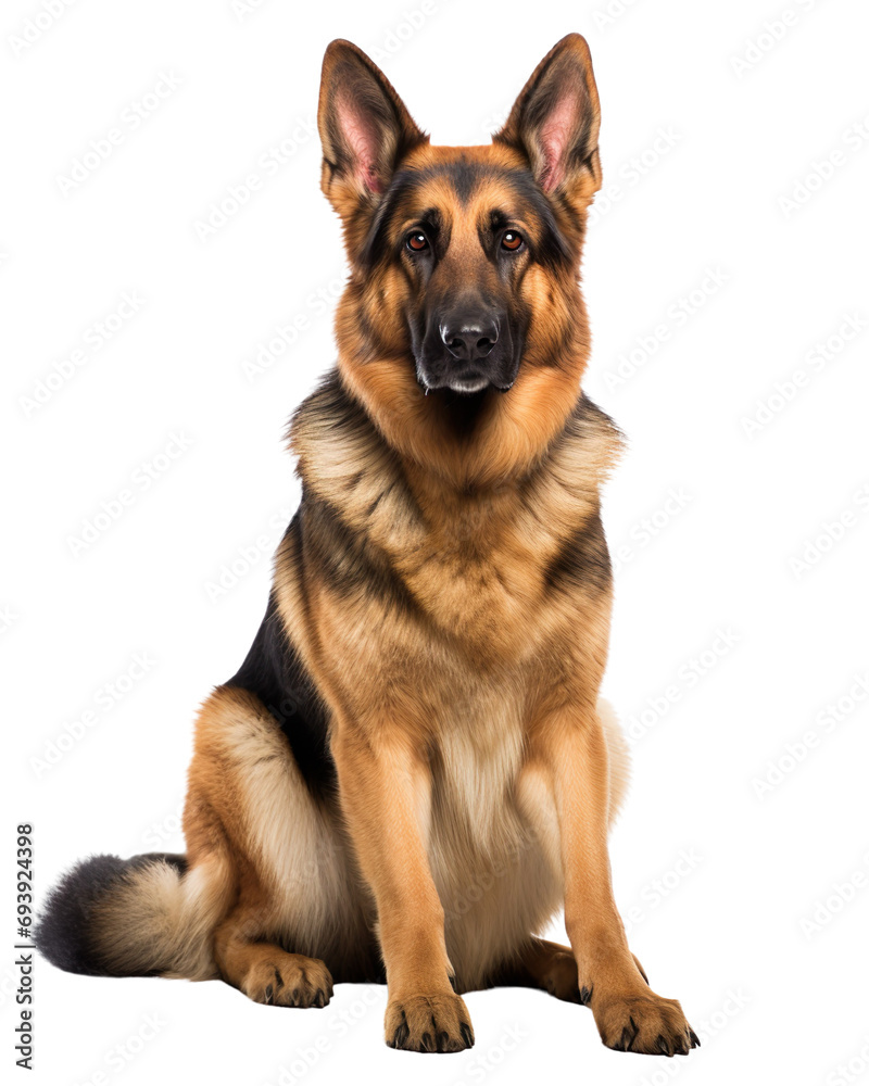 Portrait of a German shepherd dog sitting and facing the camera, isolated on white or transparent background 