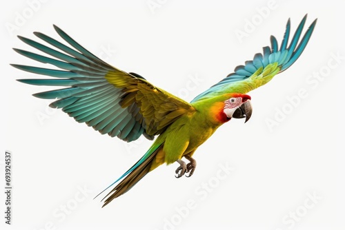 A vibrant parrot with green and yellow feathers gracefully soaring through the air. Perfect for adding a touch of color and liveliness to any project