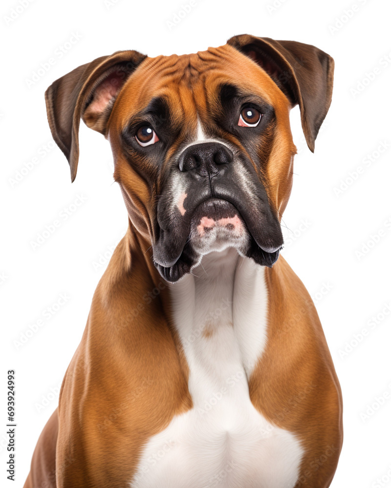 Closeup boxer dog portrait, isolated on white or transparent background