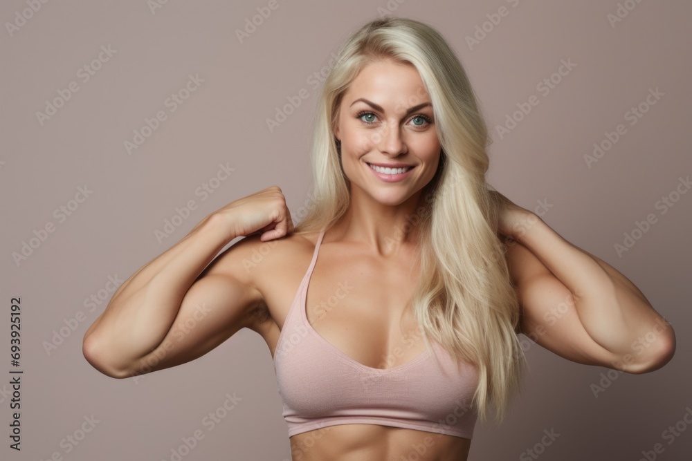 A woman posing for a picture in a sports bra. Suitable for fitness and health-related content A woman posing for a picture in a sports bra. Suitable for fitness and health-related content