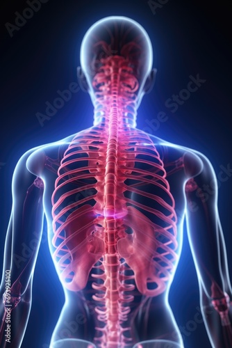 A human skeleton with a highlighted spine. Perfect for educational or medical purposes