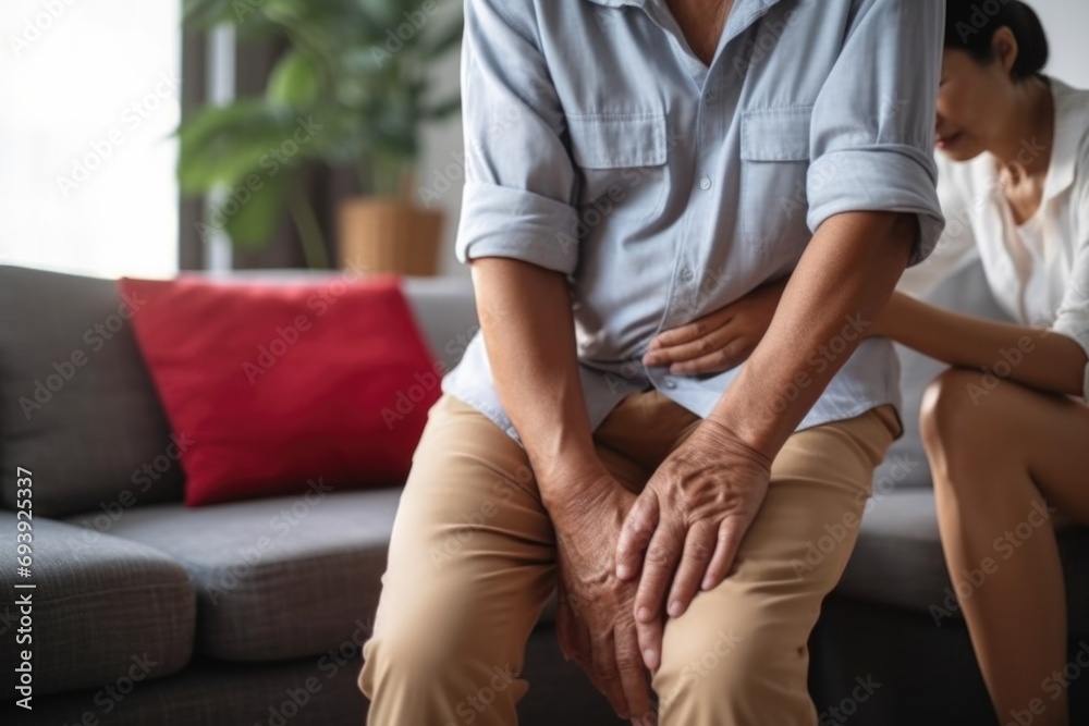 A man is seen sitting on a couch with a woman standing behind him. This image can be used to depict a variety of scenarios involving relationships, support, or teamwork A man is seen sitting on a couch with a woman standing behind him. This image can be used to depict a variety of scenarios involving relationships, support, or teamwork
