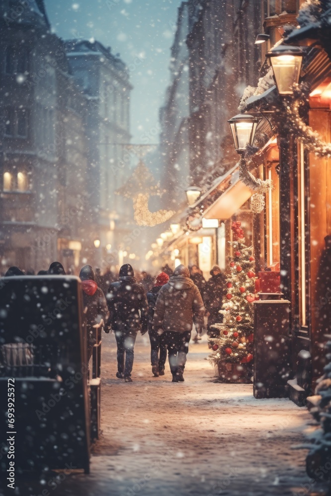 People walking down a snowy street at night. Perfect for winter-themed projects