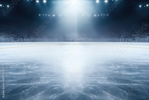 An image of an ice hockey rink illuminated by spotlights. This picture can be used to depict the excitement and intensity of ice hockey games. Perfect for sports-related projects and promotions