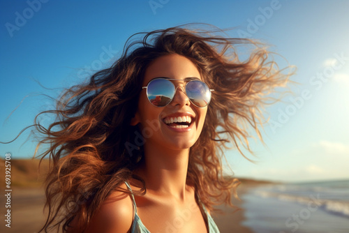 Smiling woman with sunglasses on on the beach with waves in the background. Generative AI © Paradoxx