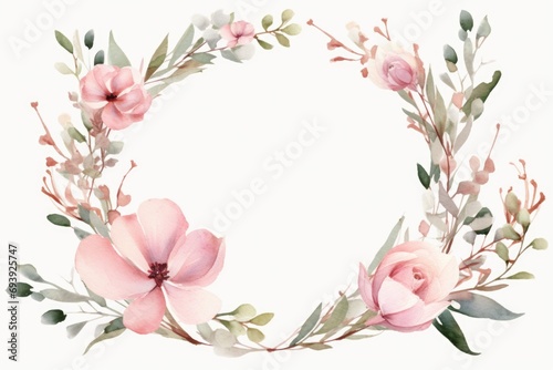 A wreath made of pink flowers and green leaves. Perfect for adding a touch of elegance to any occasion or event photo
