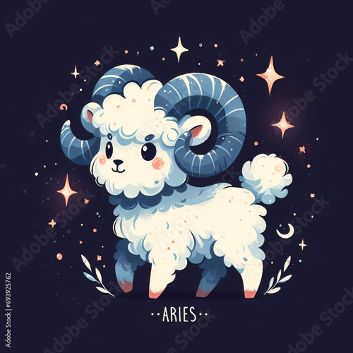 Aries Zodiac Sign watercolor Illustration. Cute sheep isolated on dark background. Cartoon character for kids. Design for playroom, invintation, card