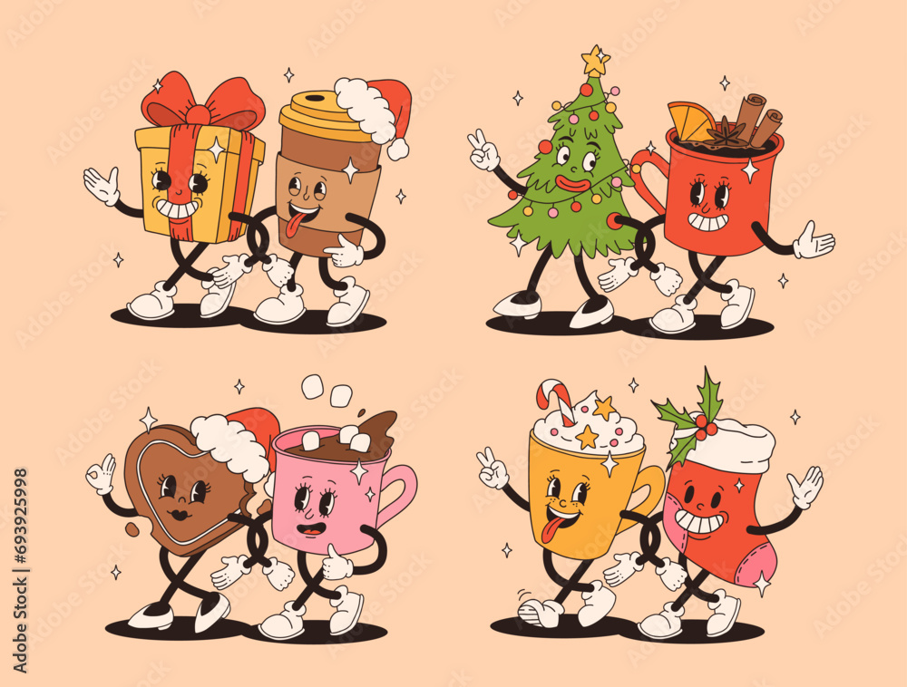 Fototapeta premium Funny Retro cartoon christmas Character in groovy 50s, 60s, 70s Vintage Style. Happy new year mascot with hot coffee, cocoa, gingerbread, cake, cupcake and cookie. Xmas vintage characters.