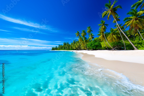 Tropical paradise beach with white sand and crystal clear blue water, Beautiful natural summer vacation holidays background, Travel tourism wide panorama background concept. Generative AI © Paradoxx