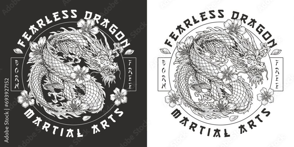 Obraz premium Strong fearless dragon monochrome flyer
