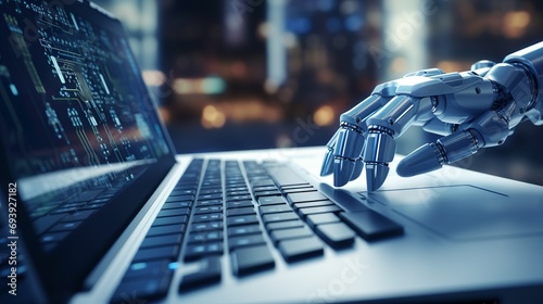The future of customer service: robot hands pointing to laptop button with advisor chatbot concept