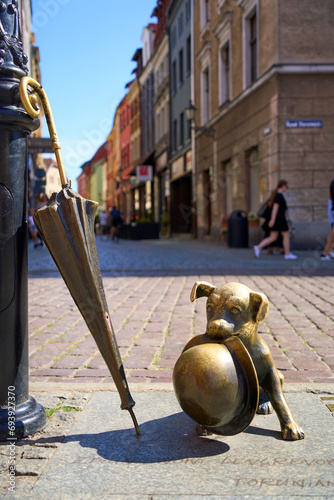 antique bronze dog in torun , poland
