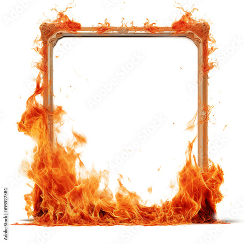 Mockup of a burning frame is cut out on a transparent background. The fire on the frame spreads in different directions. Concept of carelessness with fire and its consequences