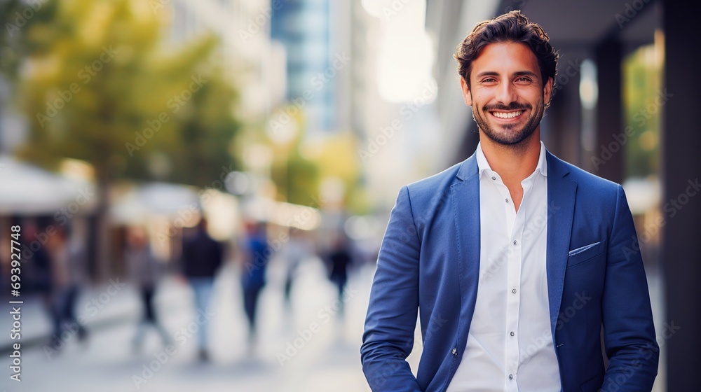 Fototapeta premium Smiling businessman standing outdoors in front of modern office building
