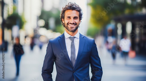 Smiling businessman standing outdoors in front of modern office building