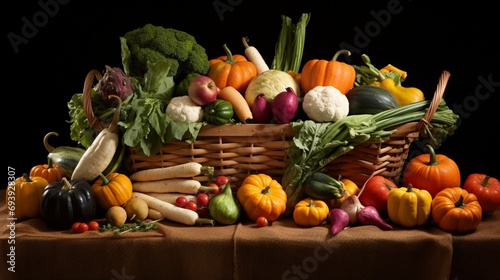 A picturesque display of farm-fresh vegetables  arranged in a rustic basket  showcasing the bounty of the harvest season.