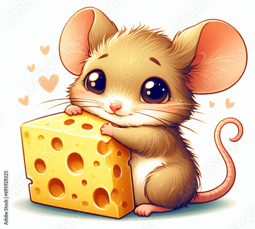 Adorable Mouse with Cheese watercolor Illustration. Cartoon character for Woman's day, Mother day. Design for playroom, invintation, card. Isolated on white background 