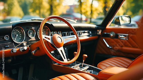 Classic Car Interior Elegance, Vintage Leather Seats, Polished Wood Dashboard, and Retro Design