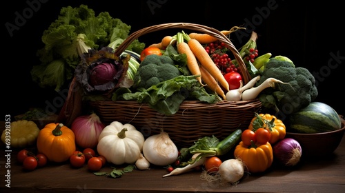 A picturesque display of farm-fresh vegetables  arranged in a rustic basket  showcasing the bounty of the harvest season.