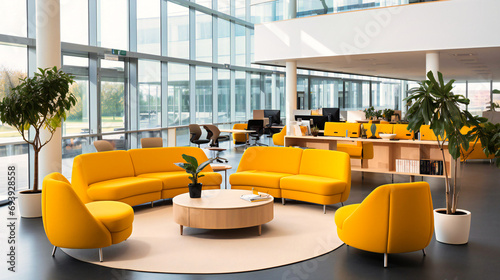 Bright and Modern Office Lounge Area with Vibrant Yellow Sofas and Panoramic Windows photo