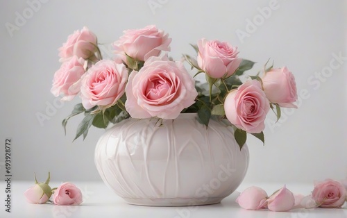 Florero color blanco con rosas rosas sobre fondo blanco  © Jomizu