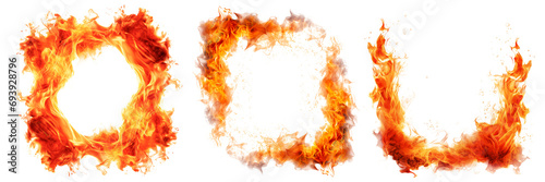 Overlay of flames in the shape of frames is cut out on a transparent background. The concept of a blaze, a design element. To be inserted into a design or project