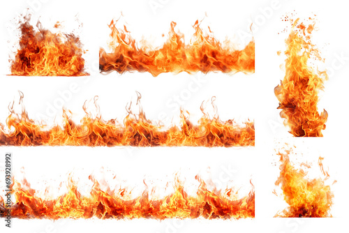 Set of flames on a transparent background. A set of design elements, overlays of open flames and fire in various shapes. Long horizontal strip of fire, the concept of a blaze, a design element