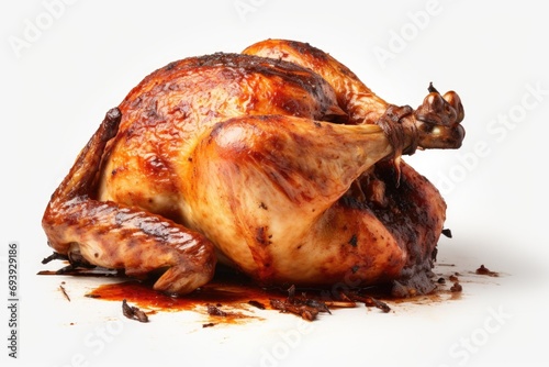 A whole chicken sitting on a white surface. Suitable for various culinary and cooking concepts