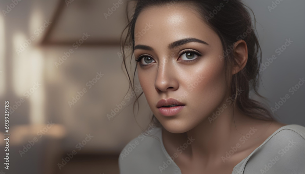 Close-up of a beautiful brunette with make-up looking into the camera Close-up of a beautiful brunette with make-up looking into the camera