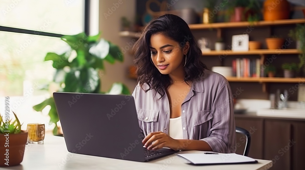 Young Indian woman studying online with laptop and notebook at home office. E-learning and remote work concept. Young Indian woman studying online with laptop and notebook at home office. E-learning and remote work concept.