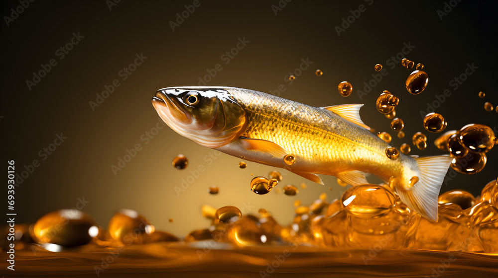 Fish jumping out of a golden sea of fish oil rich in essential fatty acids. The drops produced by breaching the surface of the oil remind of omega 3 capsules for use as a dietary supplement. - obrazy, fototapety, plakaty 