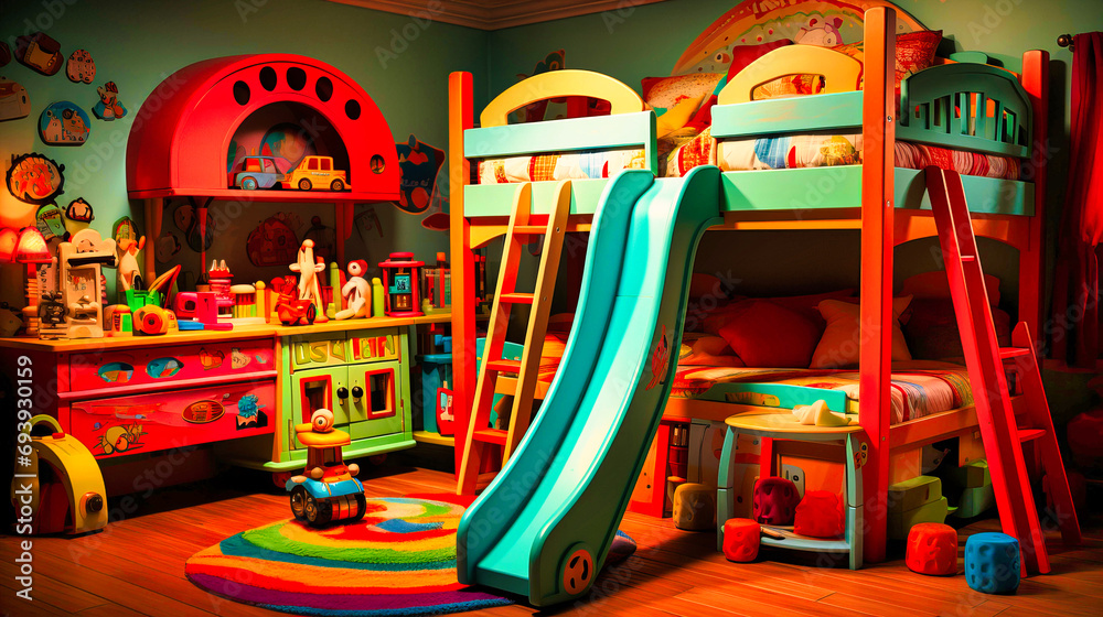 Cool Kid's Room with Bunk Beds, Colorful Decor, and Educational Toys, Learning Playground