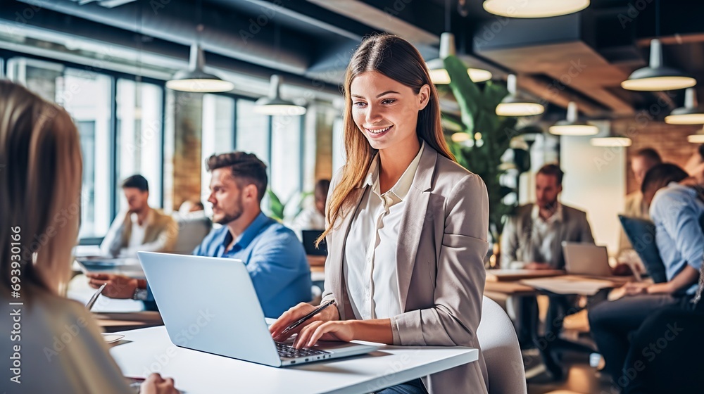 Young female entrepreneur collaborating on a project with their team in a modern office Young female entrepreneur collaborating on a project with their team in a modern office