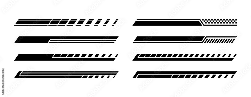 Racing stripes for car tuning pack. Stickers for covering car bodies. Isolated vector illustration on white background. - obrazy, fototapety, plakaty 