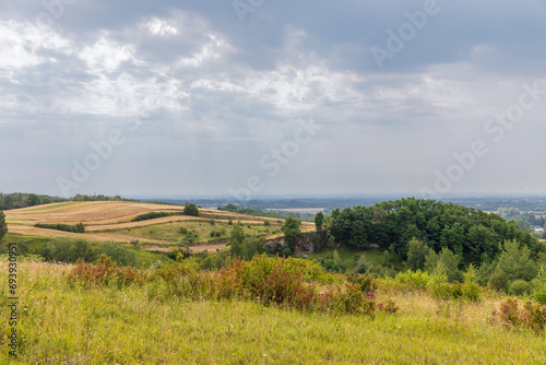 Rural scenery, view of meadows, farmlands, hills, forest, clumps of bushes