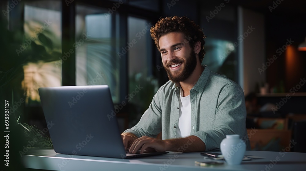 Young professional man with laptop and smile in modern office setting Young professional man with laptop and smile in modern office setting