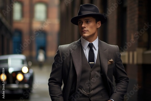 Male model as a classic 1920s gentleman in an urban setting