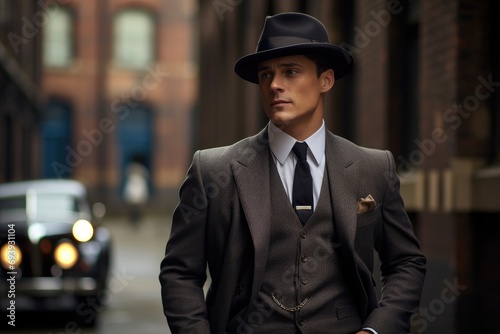 Male model as a classic 1920s gentleman in an urban setting photo