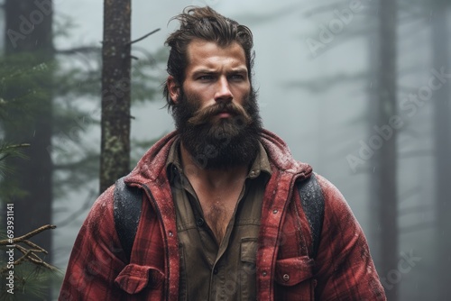 Male model as a rugged lumberjack in a dense, misty forest photo