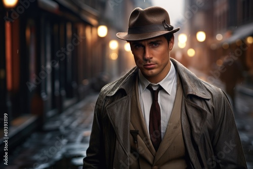 Male model in a classic detective outfit, solving mysteries in an urban alley photo