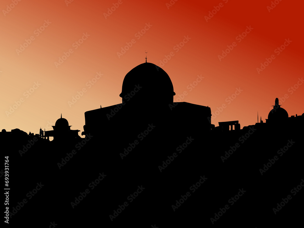 silhouette of the mosque building with an orange gradient background
